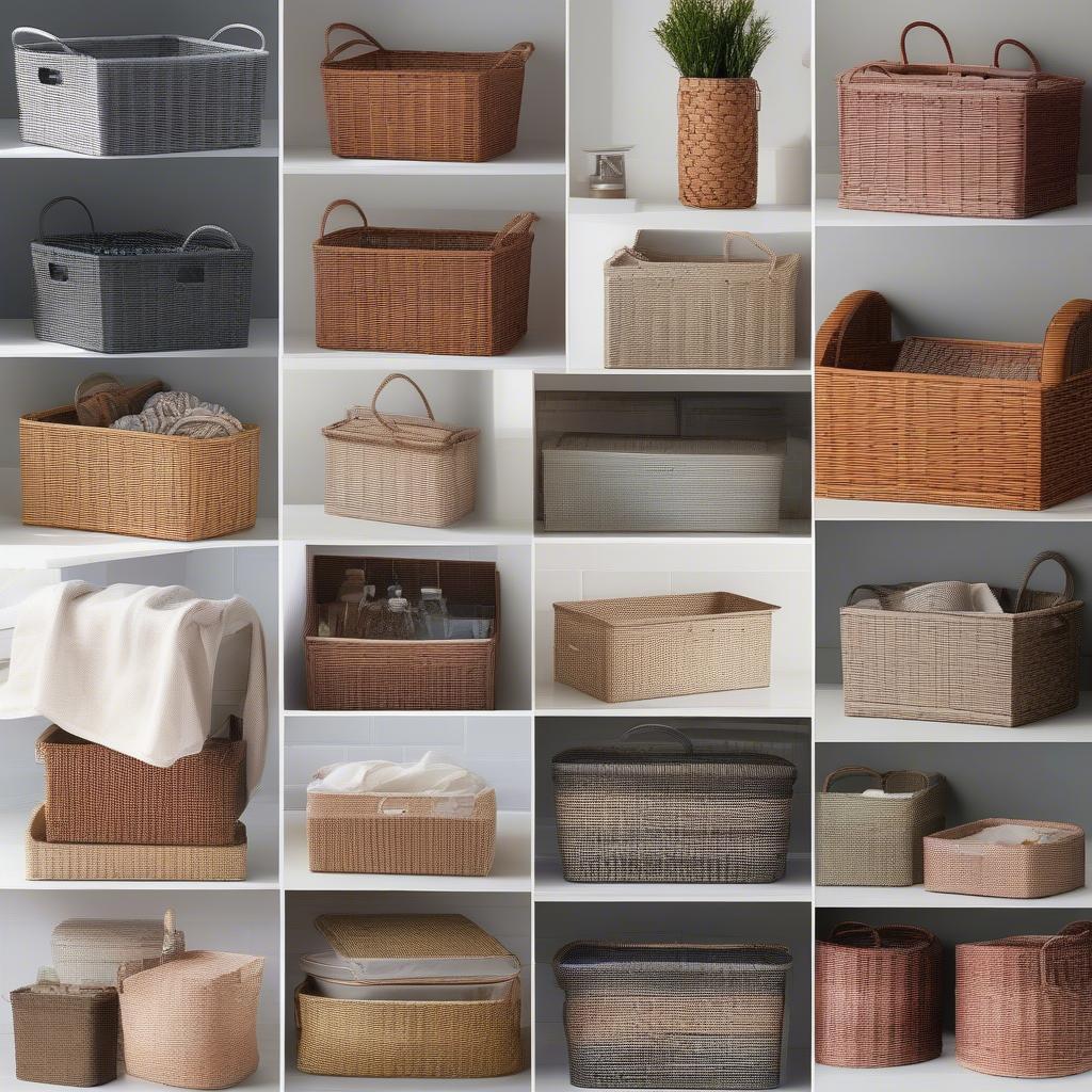 Different styles and sizes of resin wicker storage baskets.