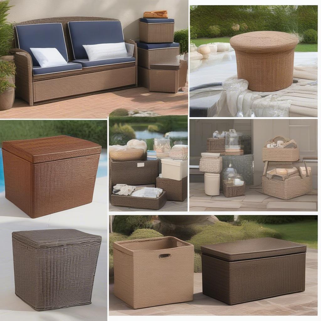 Different types of resin wicker storage options, including baskets, deck boxes, and ottomans.