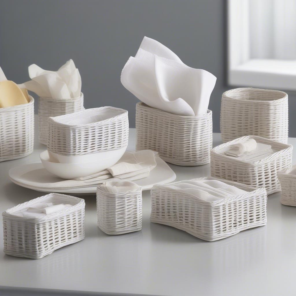 Different styles and shapes of white wicker napkin holders showcased together.