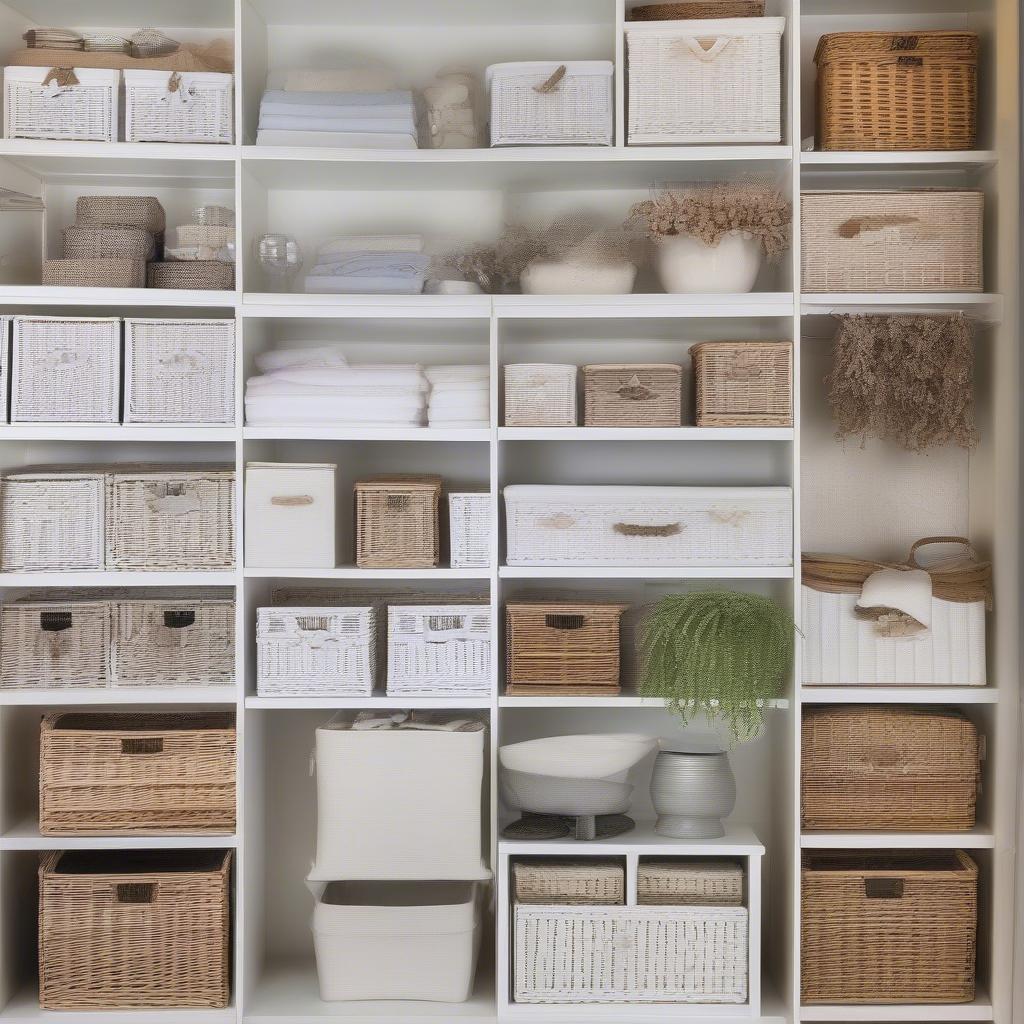 Different styles and sizes of white wicker storage drawers displayed on a website.