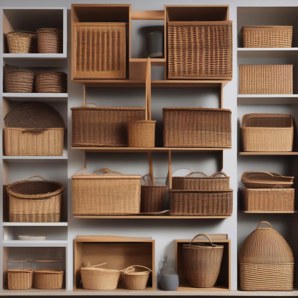 Different styles and sizes of wicker baskets for kitchen cabinet organization