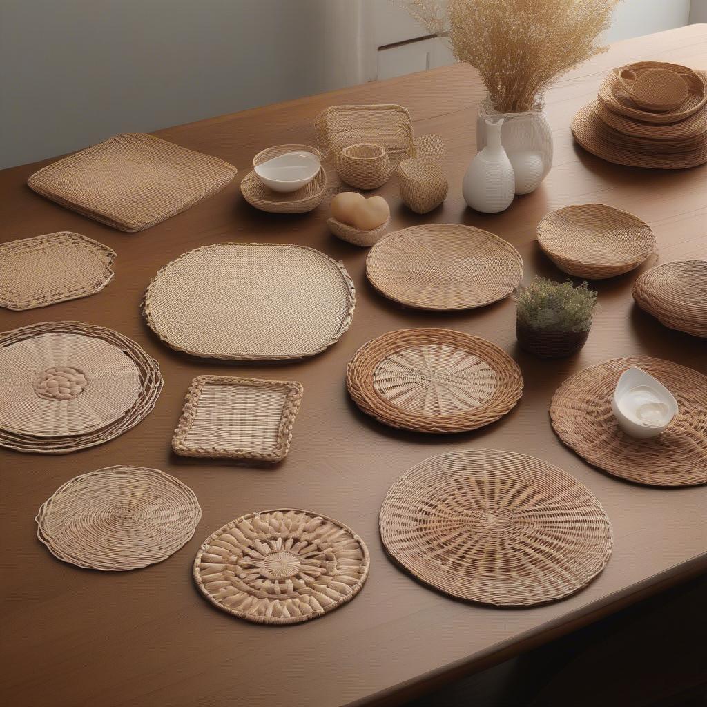 Different styles and shapes of wicker flower placemats displayed on a table.