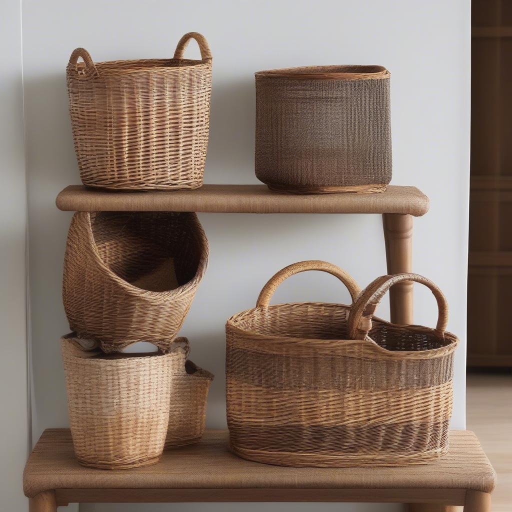 Different shapes and sizes of wicker magazine holders are displayed, highlighting their versatility.