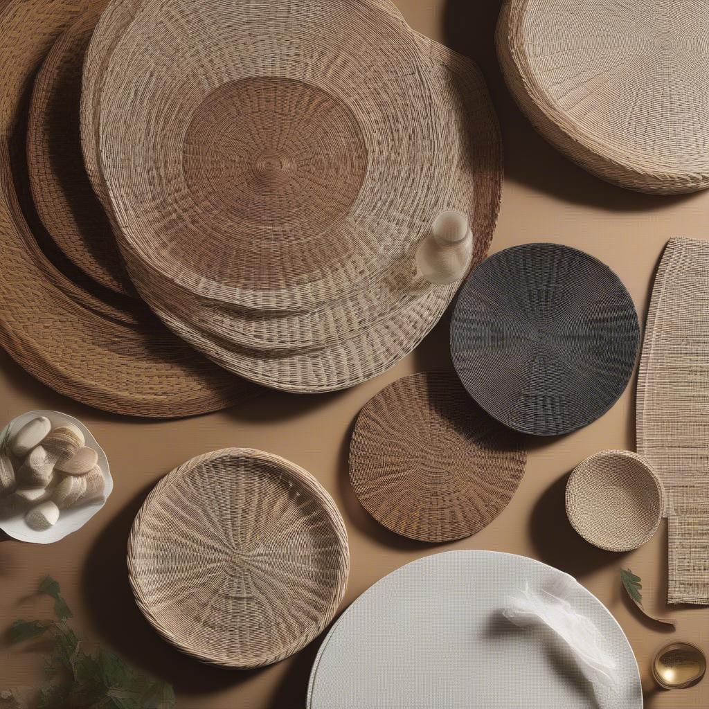 A variety of large wicker placemats showcasing different shapes, colors, and weaving patterns.