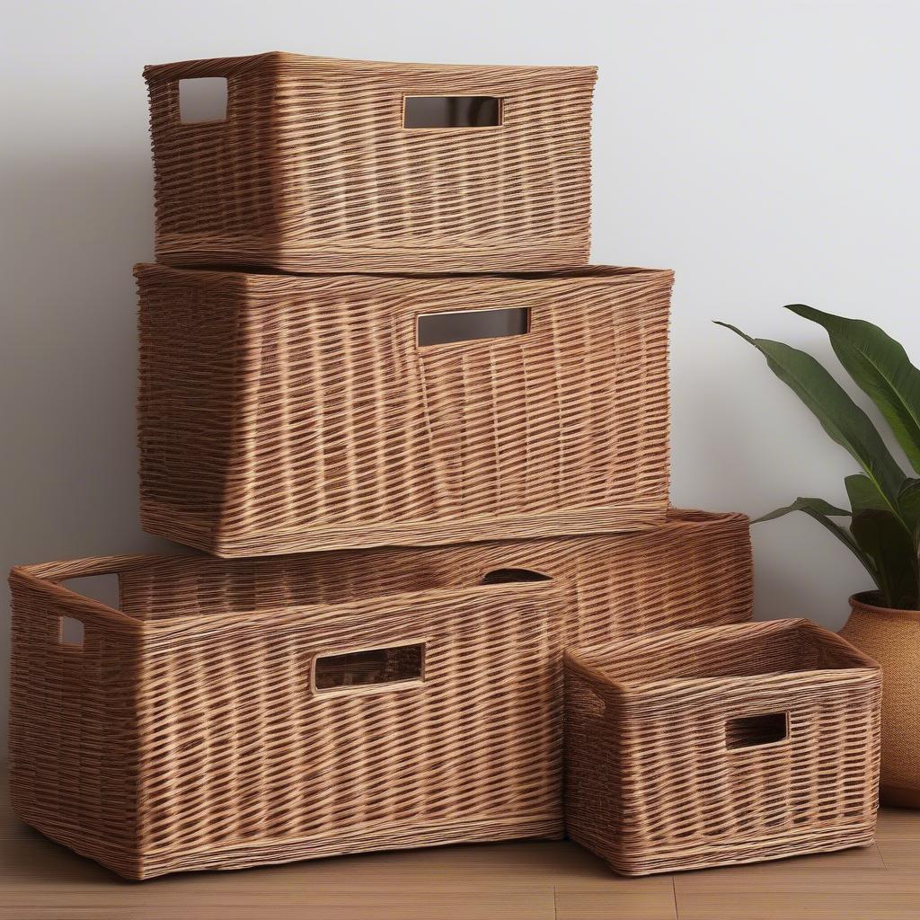 A variety of rectangular wicker baskets in different sizes displayed on a table.