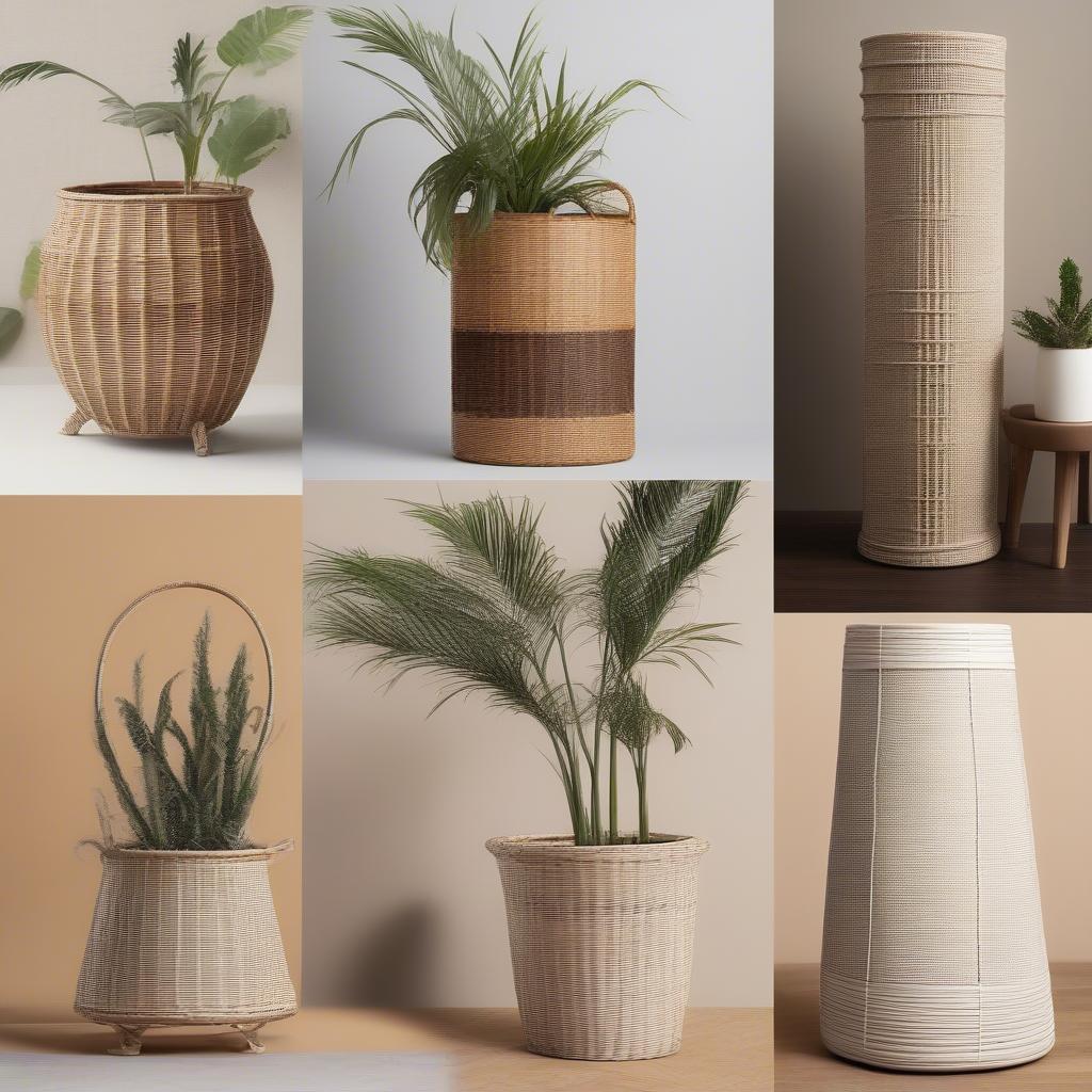 Different styles and shapes of tall wicker plant holders