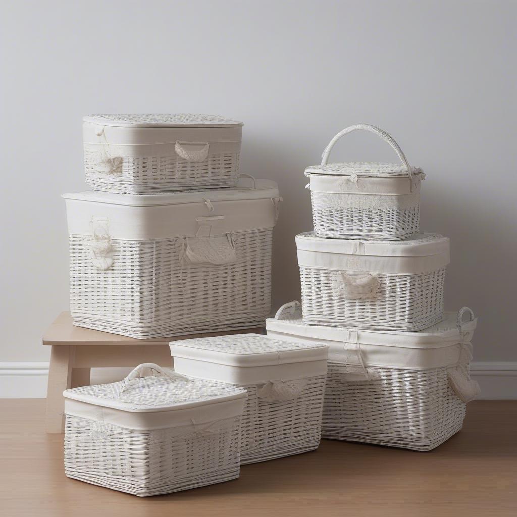 Variety of white wicker storage basket sizes