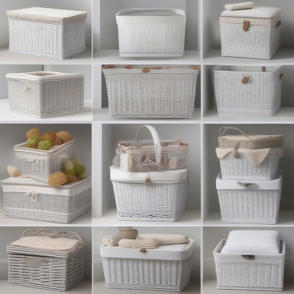 Different types of white wicker storage baskets showcasing variety.