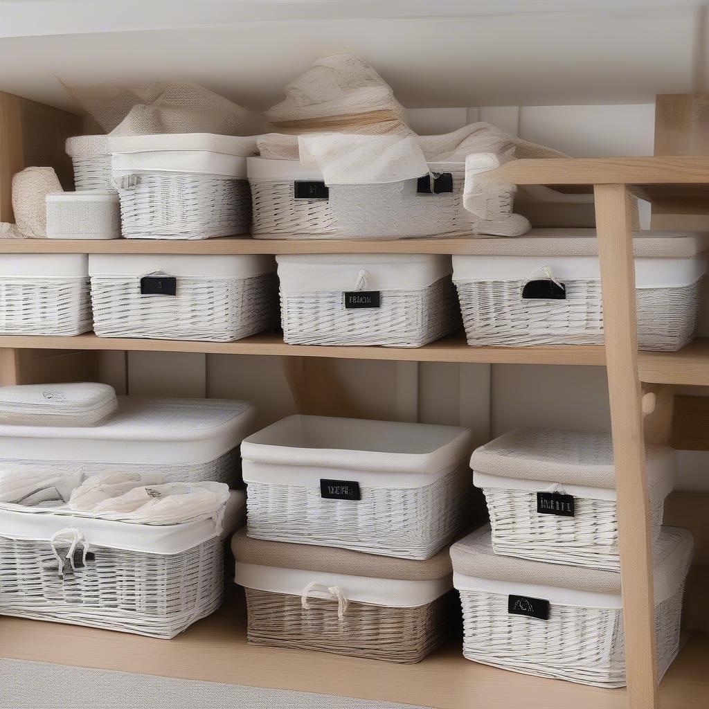 Variety of White Wicker Storage Baskets Lined