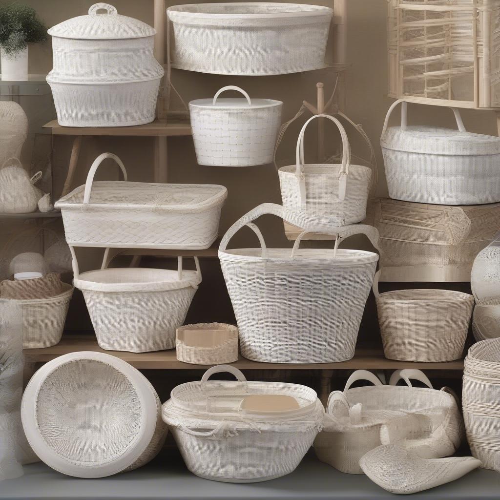 A variety of white wooden wicker baskets in different sizes and shapes are displayed, showcasing the diverse options available.