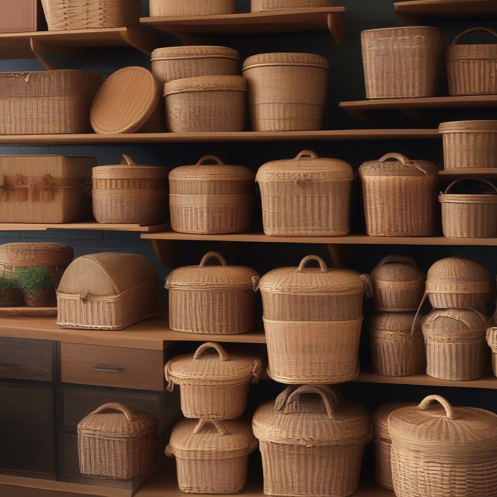 Various shapes and sizes of stackable wicker storage baskets