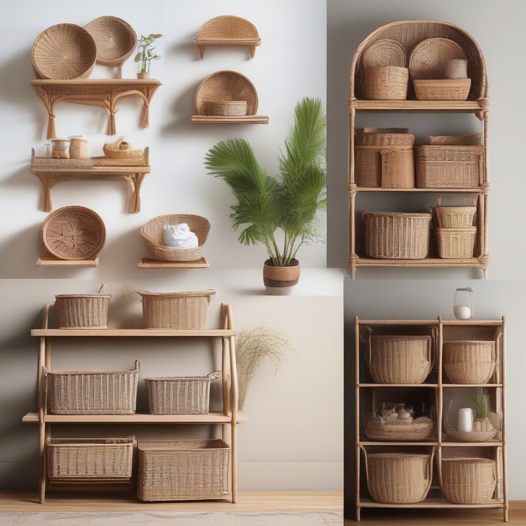 A variety of wicker basket shelves showcasing different styles and sizes.