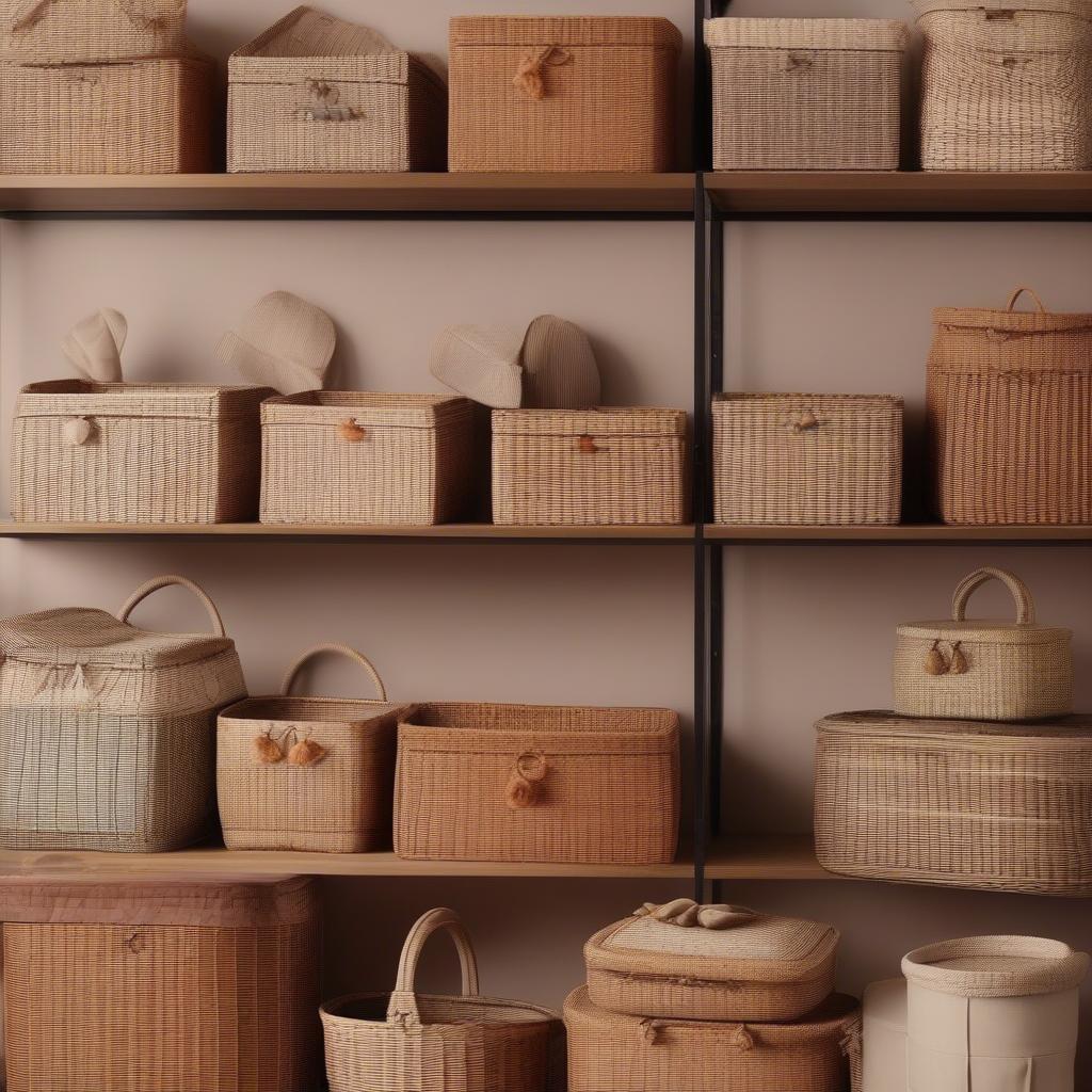 A variety of large wicker storage baskets with lids displayed in an online store.