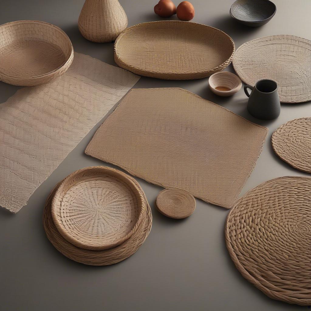 A variety of wicker placemats in different shapes and sizes.