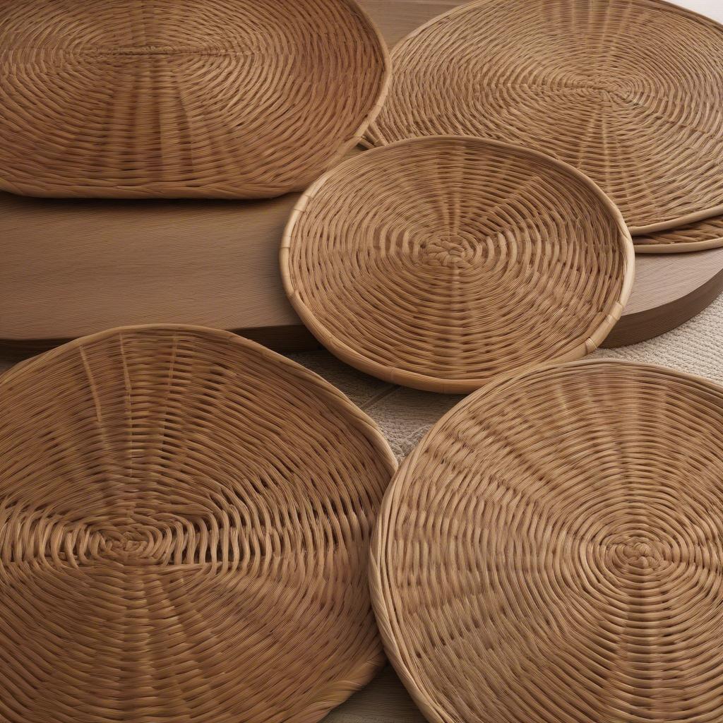 A variety of wicker placemats in different shapes and sizes, including round, oval, and rectangular.