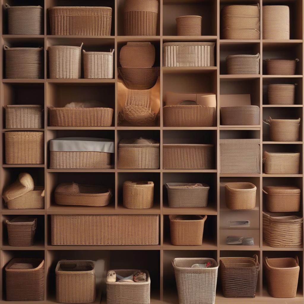 A variety of wicker toy storage baskets showcasing different shapes, sizes, and weaving patterns.