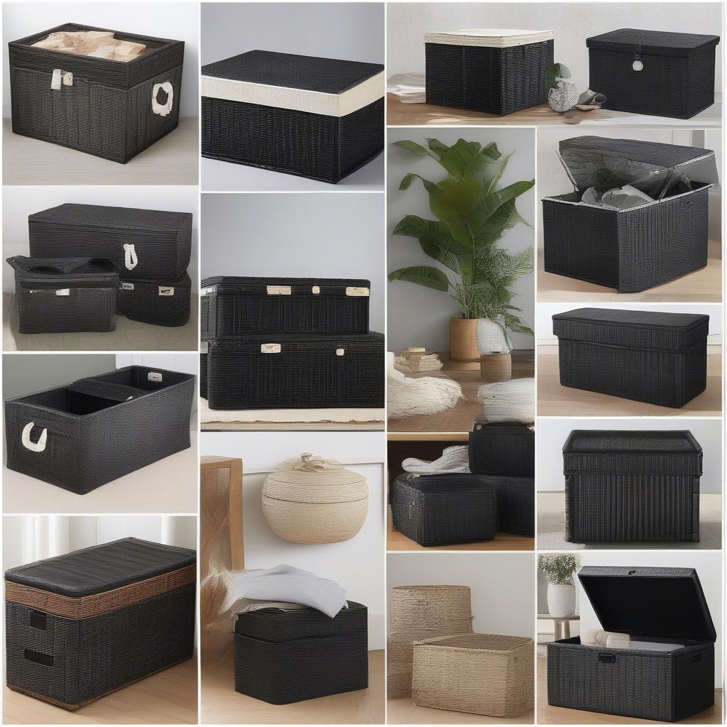 Different styles of black wicker storage boxes