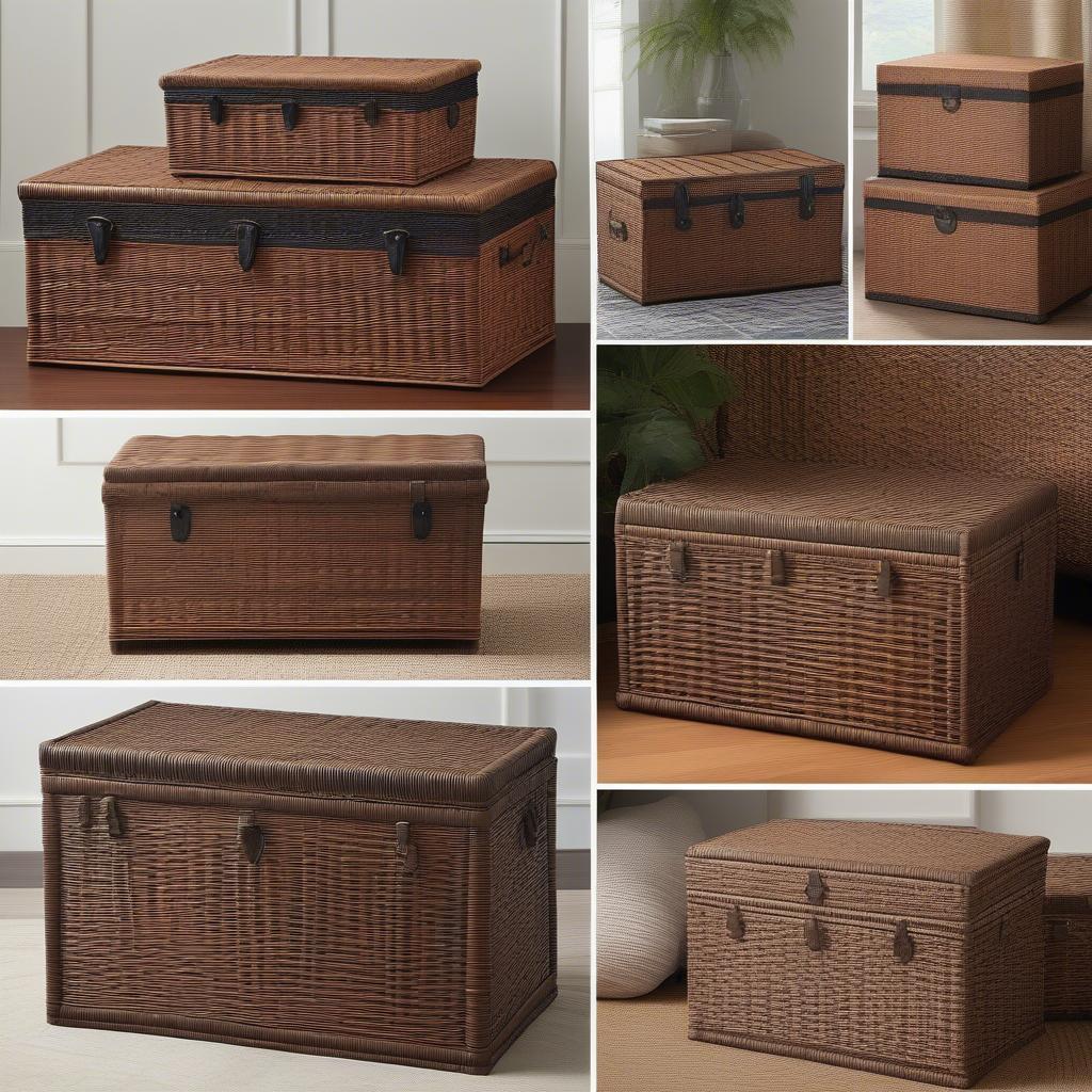 Different sizes and shapes of brown wicker storage trunks