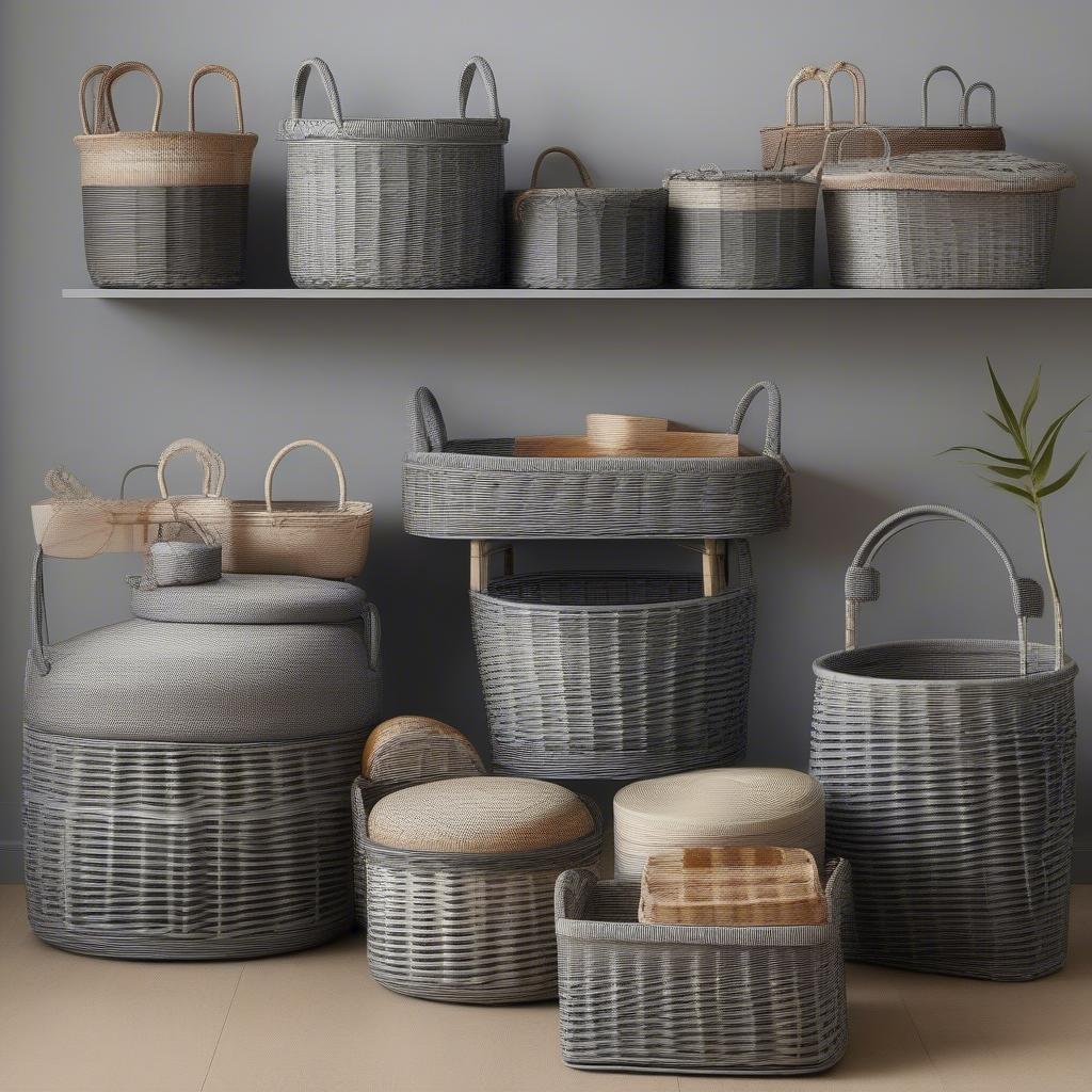 Different styles of gray wicker storage baskets