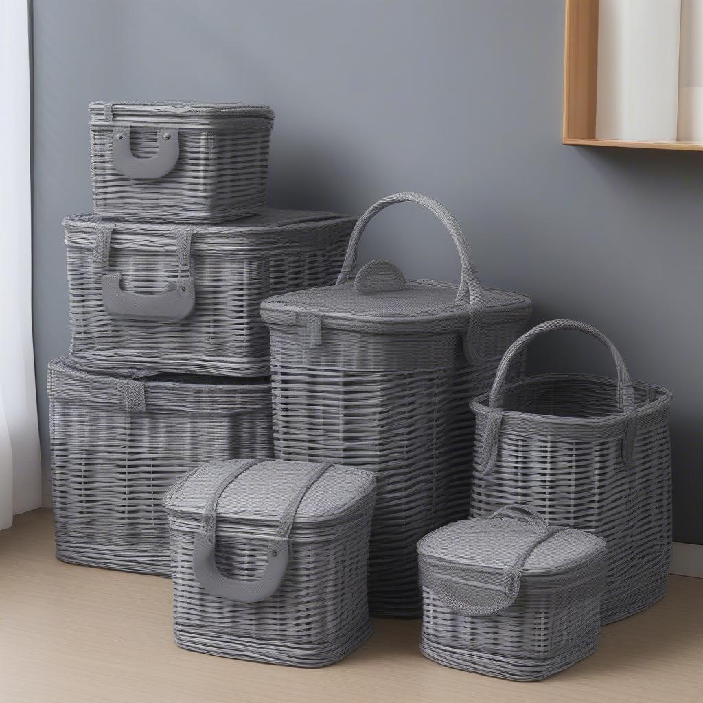 Different Shapes and Sizes of Grey Wicker Baskets