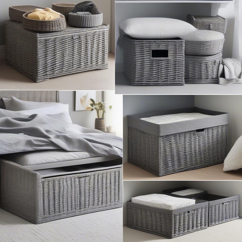 Different types of grey wicker storage solutions, including baskets, boxes with lids, and drawers, arranged under a bed.