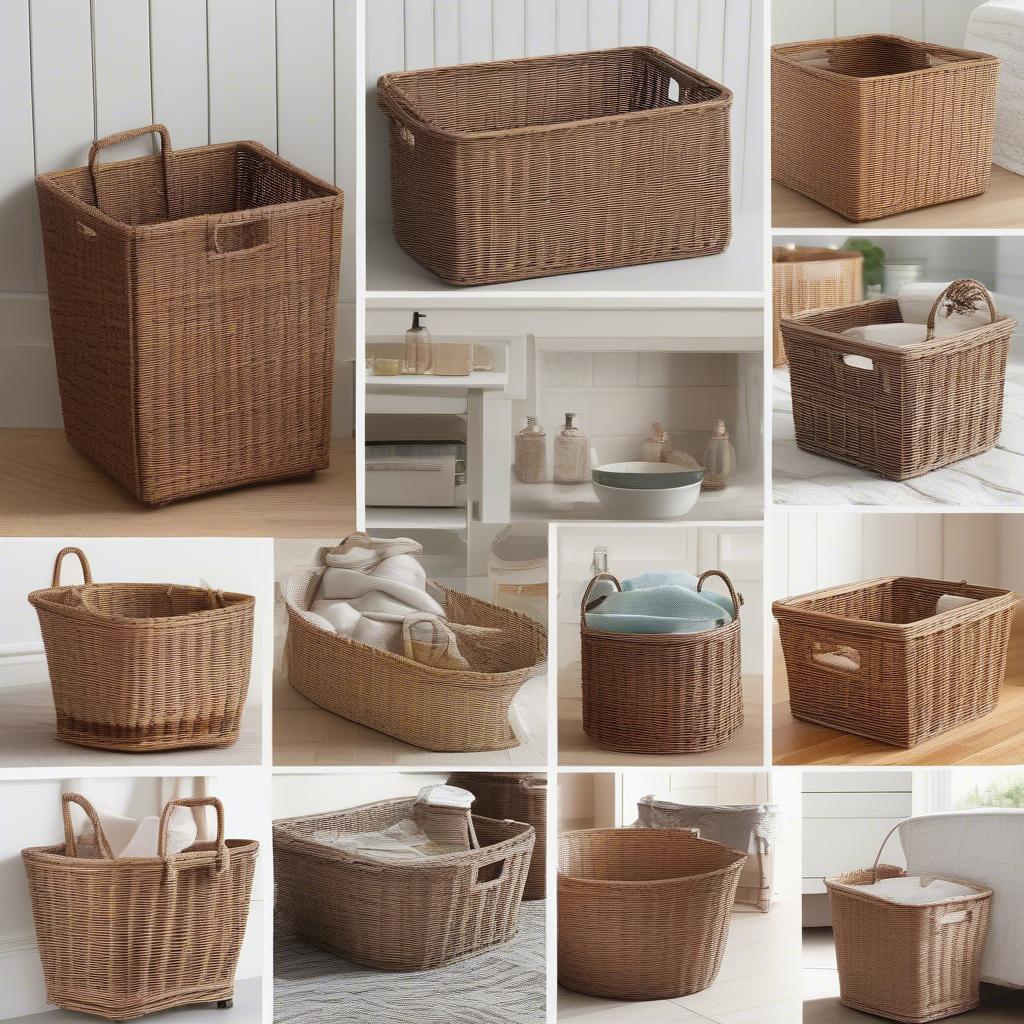 Various rolling wicker baskets in different rooms