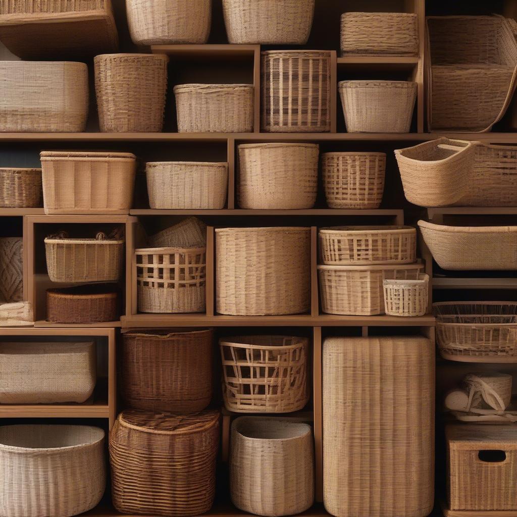 Various shapes of small wicker baskets for storage