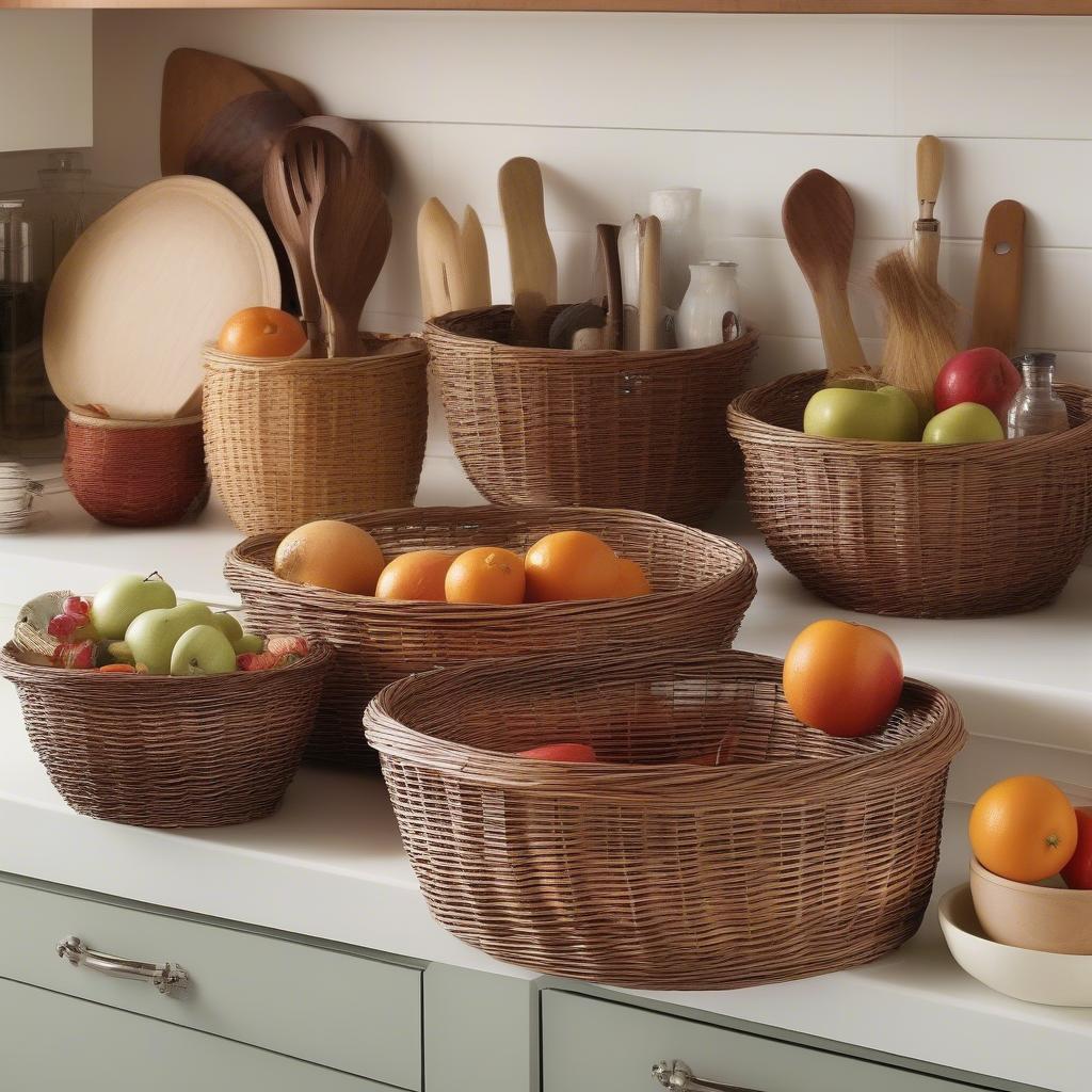 Different shapes and sizes of wicker baskets on a kitchen counter, holding fruits, vegetables, and utensils.