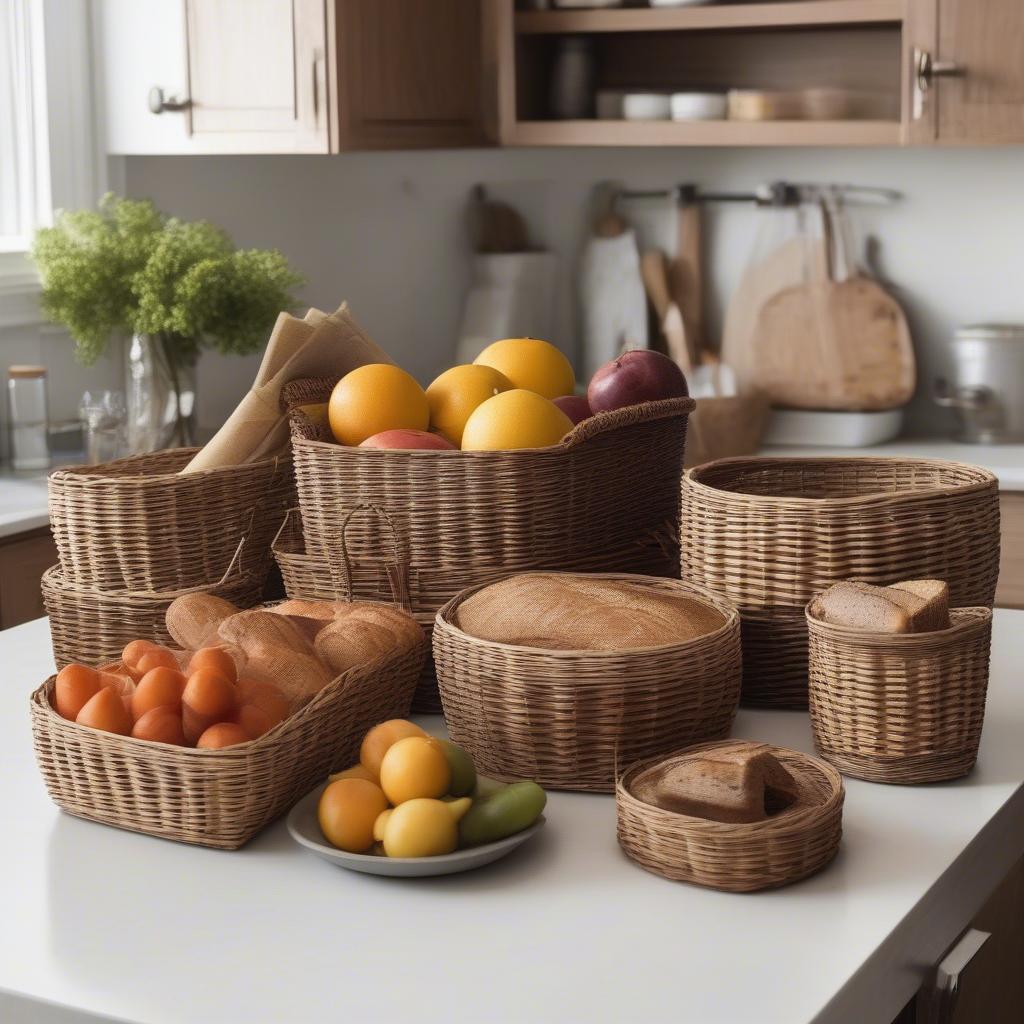 Different sizes of wicker baskets arranged on a kitchen countertop holding various kitchen items.