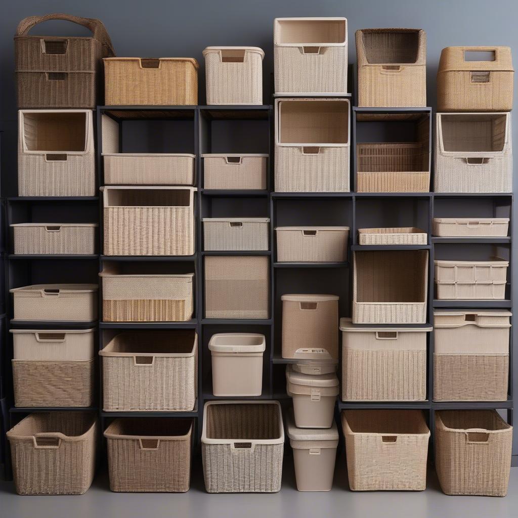 Various sizes of plastic wicker storage bins, demonstrating different storage capacities.