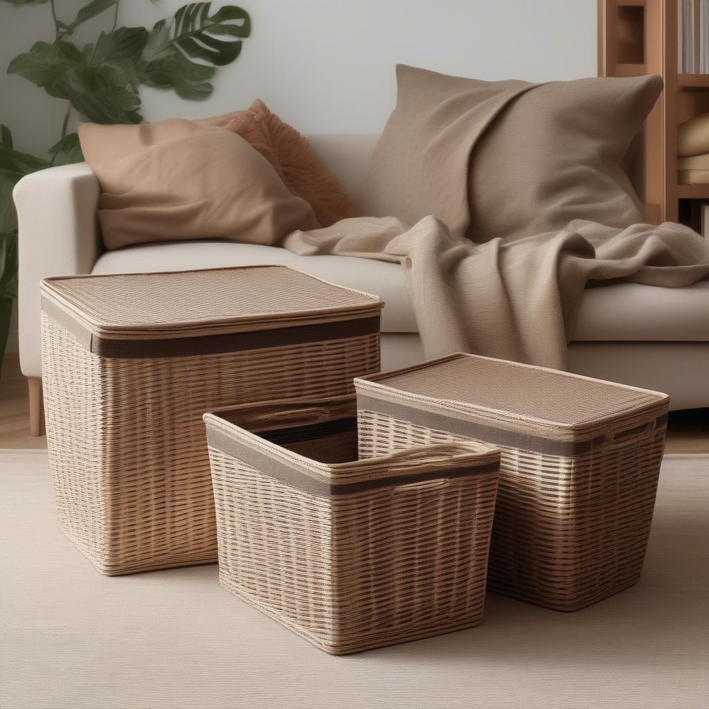 Different sizes of plastic wicker storage boxes