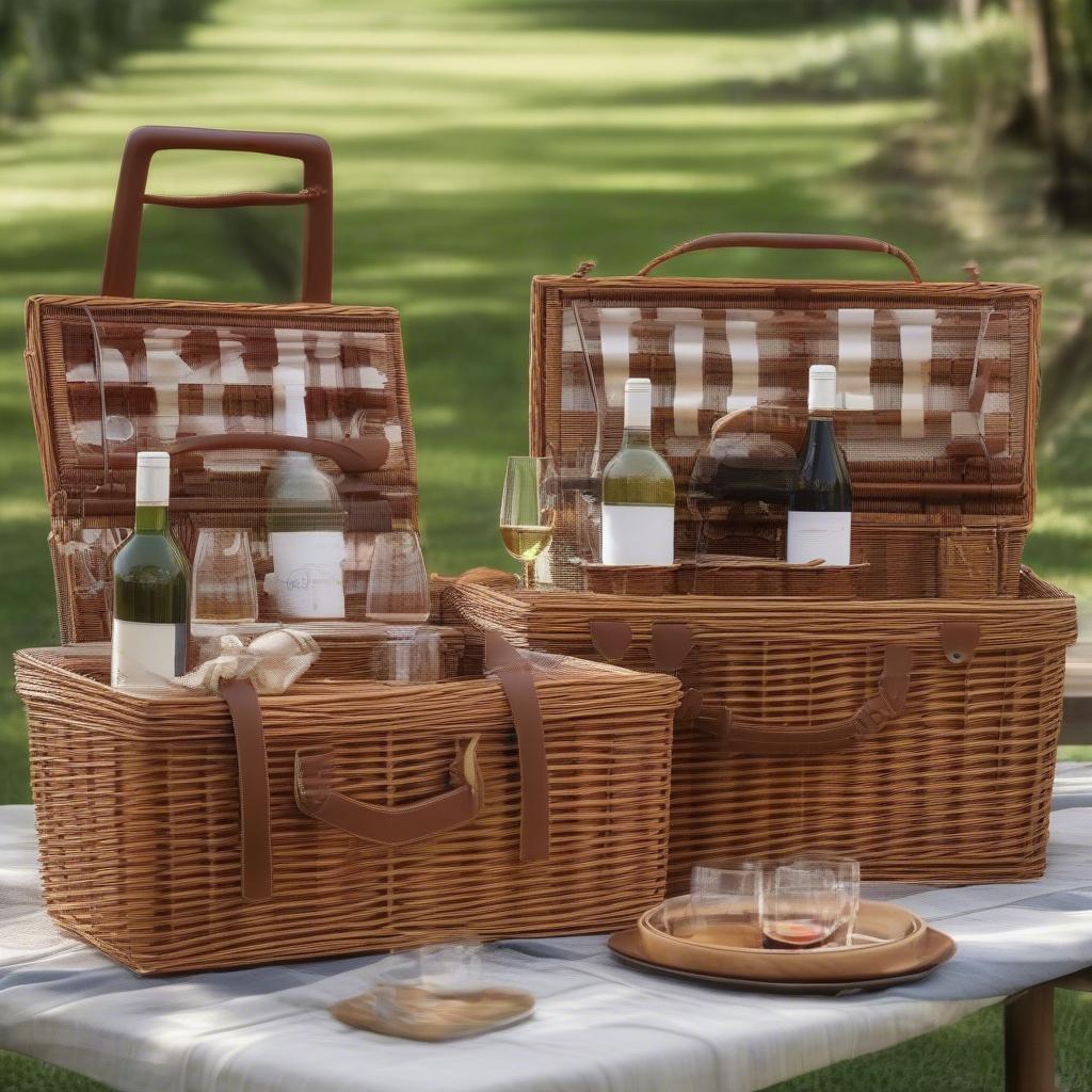 Different sizes of wicker picnic baskets with integrated wine bottle holders, illustrating the range of options available to suit various picnic needs.