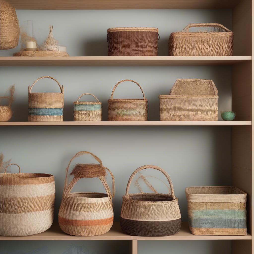 Various styles of decorative wicker baskets displayed on a shelf.