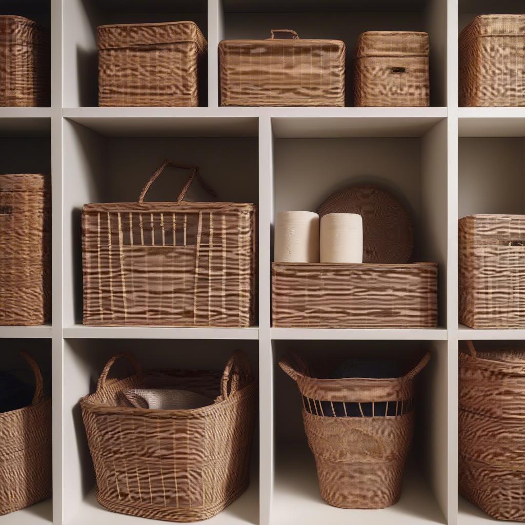 Different styles of wicker baskets displayed in a cubby storage unit, showcasing variety and options.