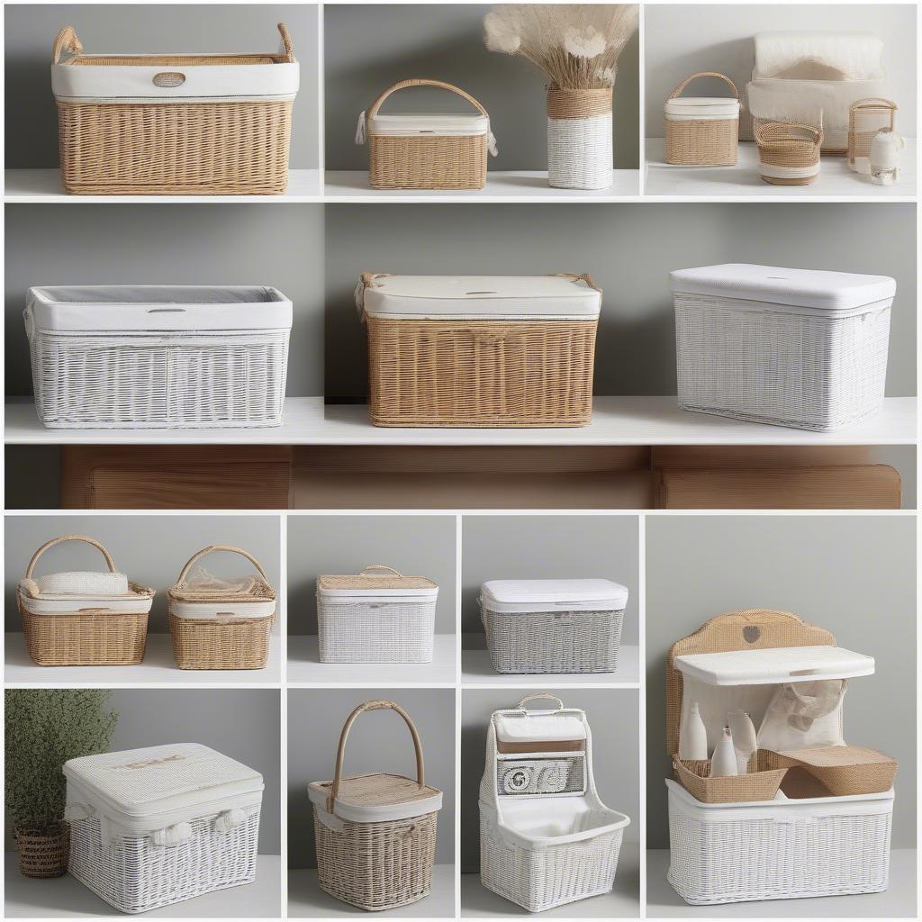 Different styles of white wicker toilet roll storage baskets