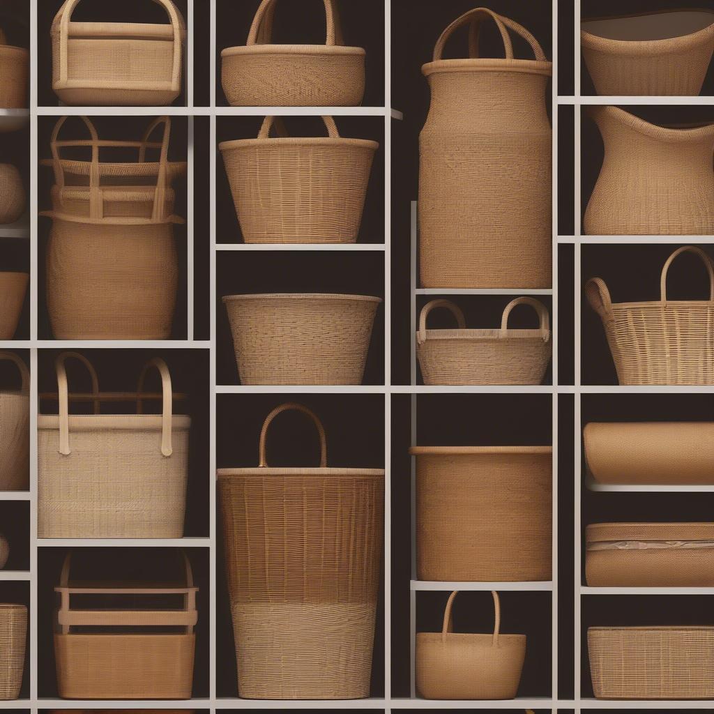 Different styles of wicker storage baskets, showcasing the variety of weaves, shapes, and sizes available.