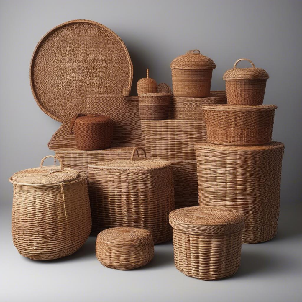 Different styles and sizes of wicker baskets with lids.