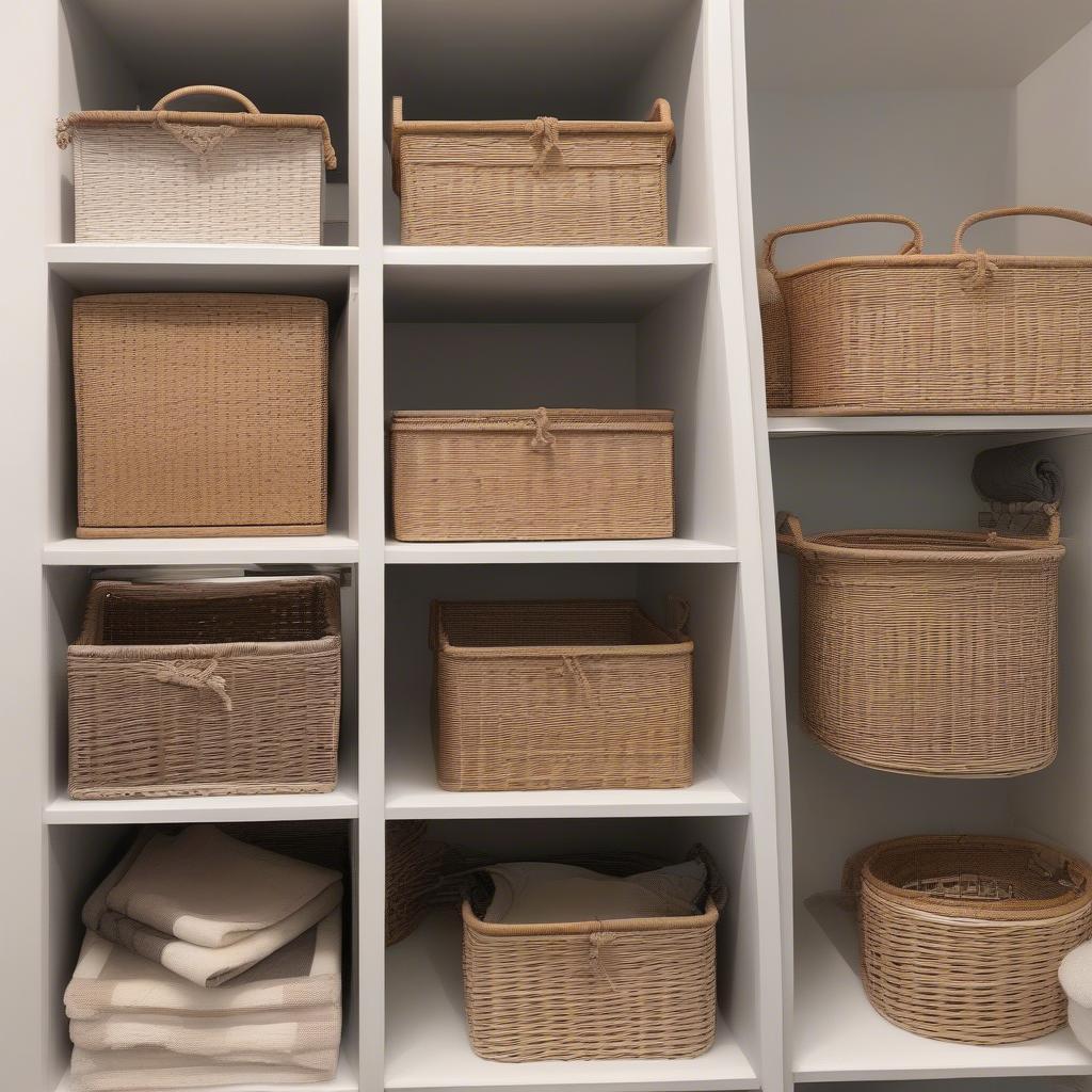 Different styles of wicker baskets used in open bathroom storage, including round, square, and rectangular shapes with varying weave patterns.