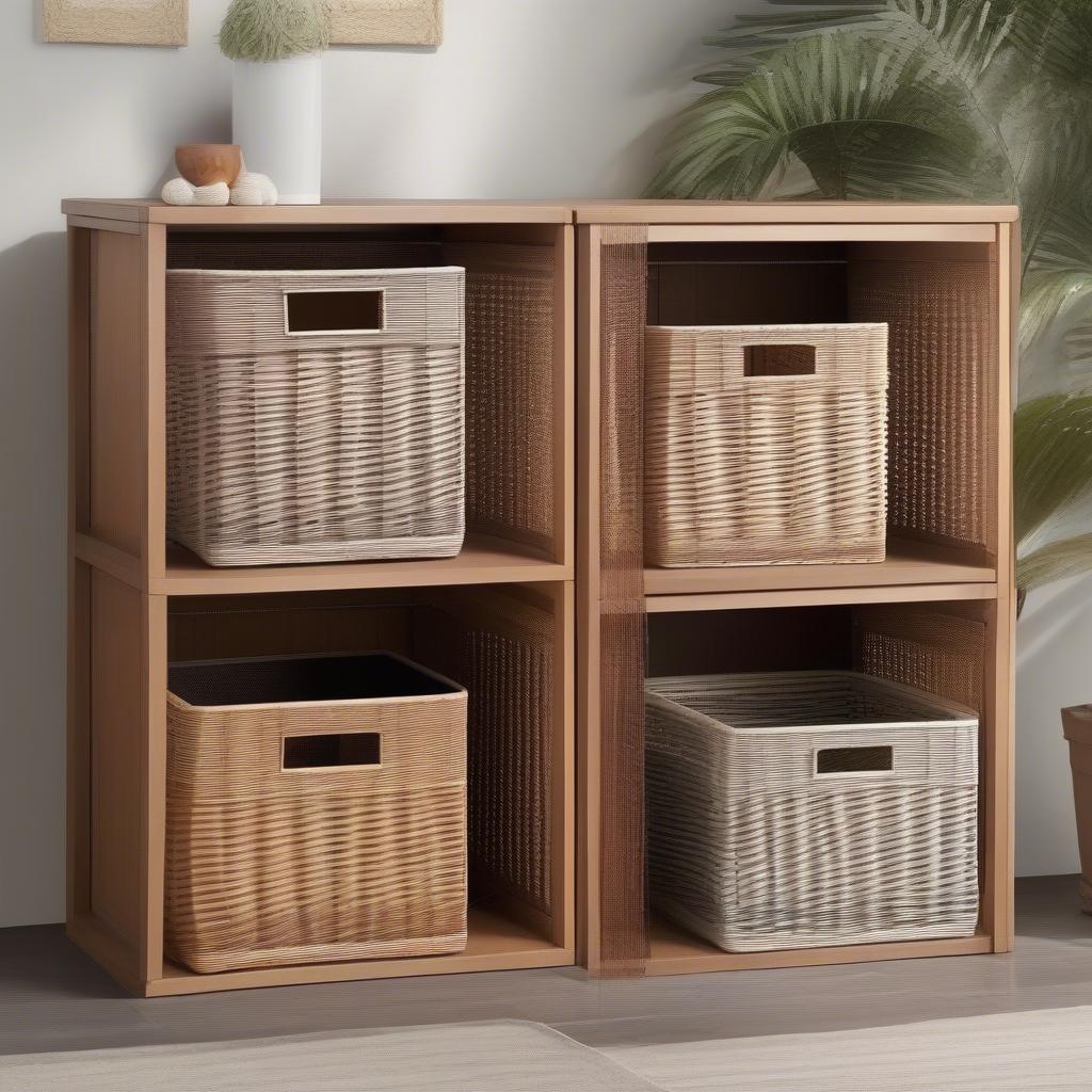 Different styles of wicker baskets showcased in a cube storage unit, highlighting the variety of options available to match diverse decor styles.