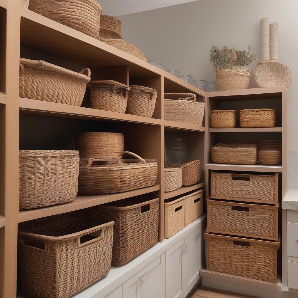 Different styles and sizes of wicker baskets suitable for kitchen cabinets