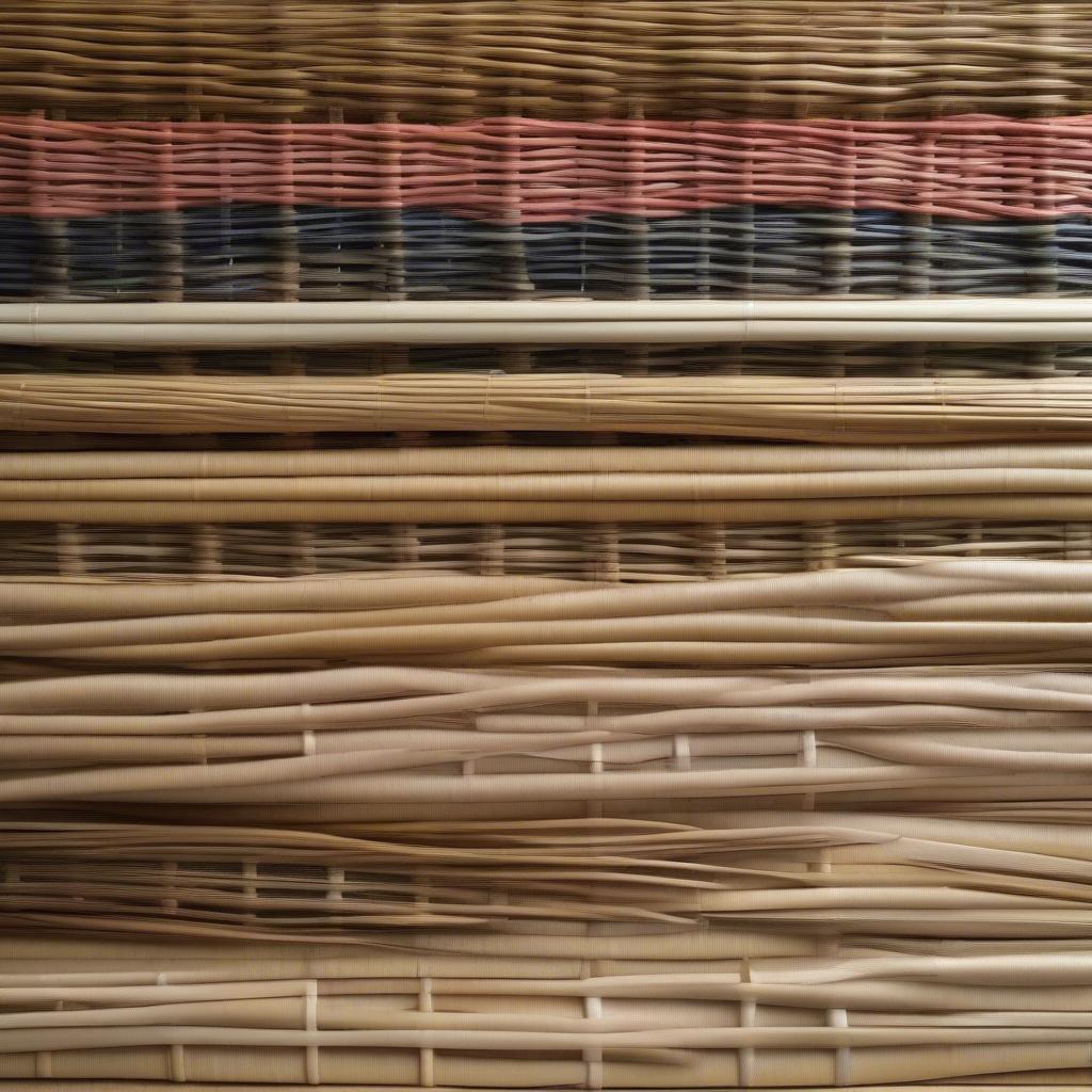 Close-up of different wicker weaving materials including rattan, willow, bamboo and synthetic fibers.