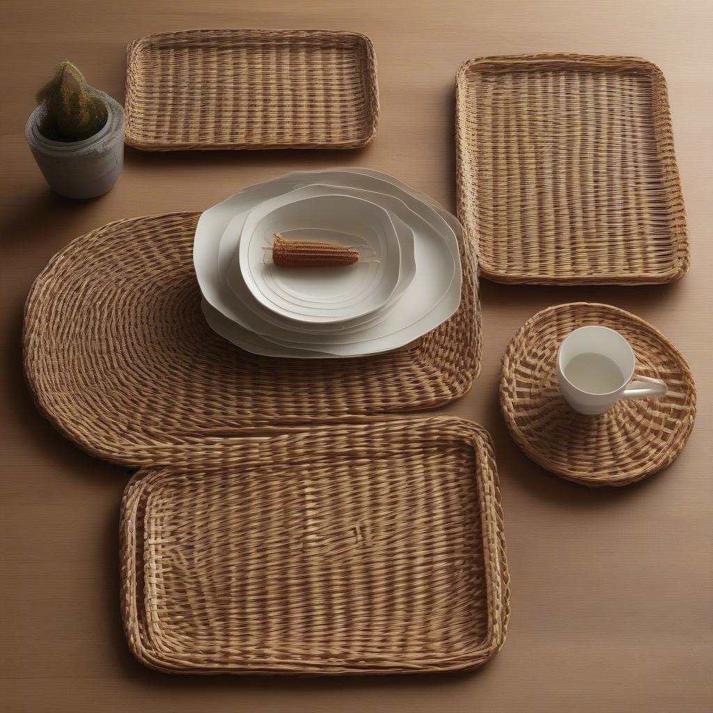 Different sizes of wicker rectangle placemats displayed on a table.