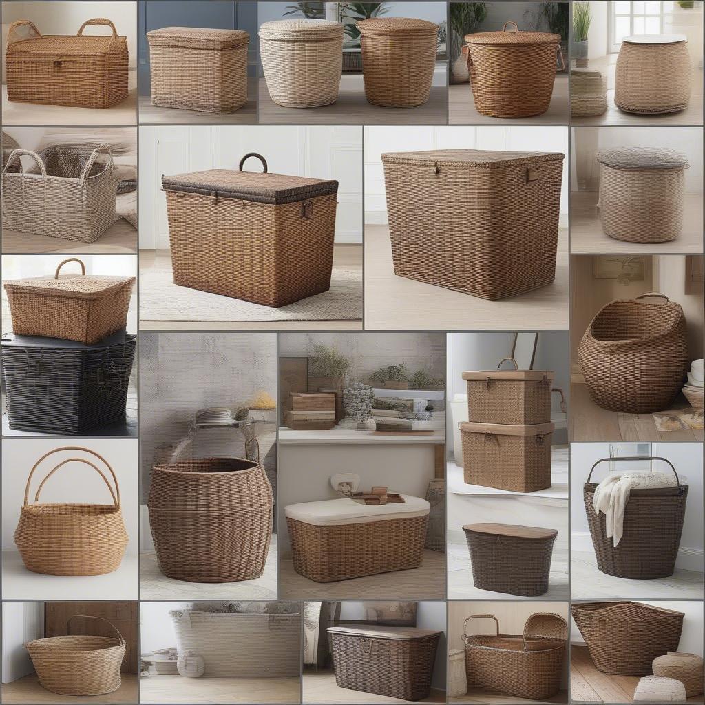 Different styles of large wicker storage baskets with hardtop lids