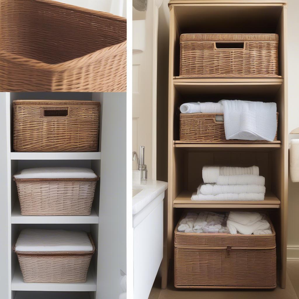 Various wicker storage baskets used in different rooms of a house.