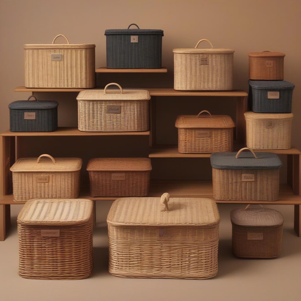 Different shapes of wicker storage containers with lids