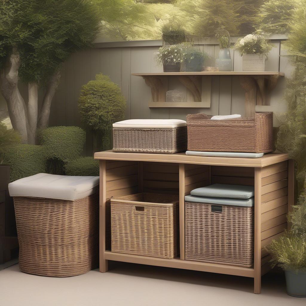 Various wicker storage options in a garden setting