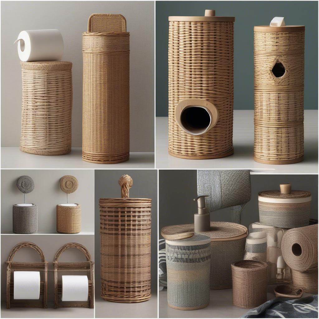 Different styles of wicker toilet roll holders with lids