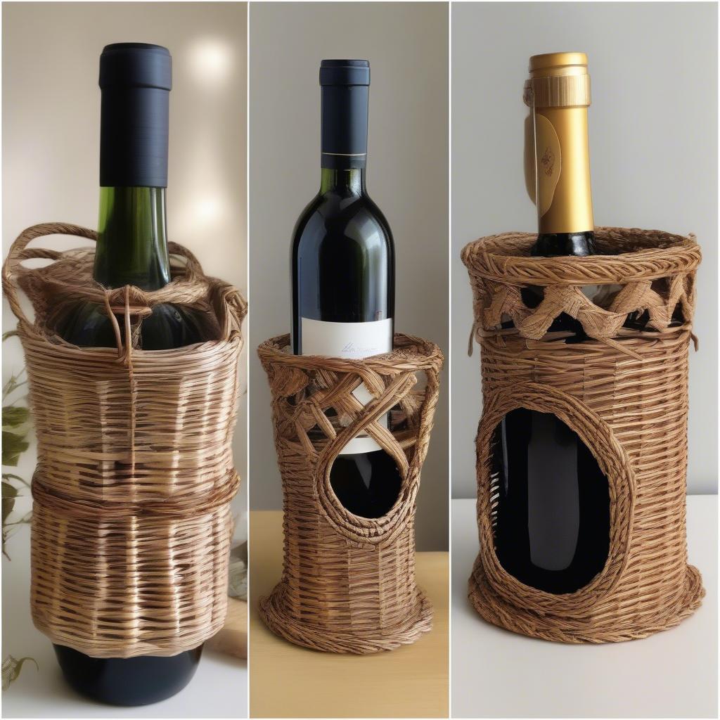 Different styles of wicker wine bottle holders with attached wine glass holders: single bottle, multi-bottle, decorative designs.