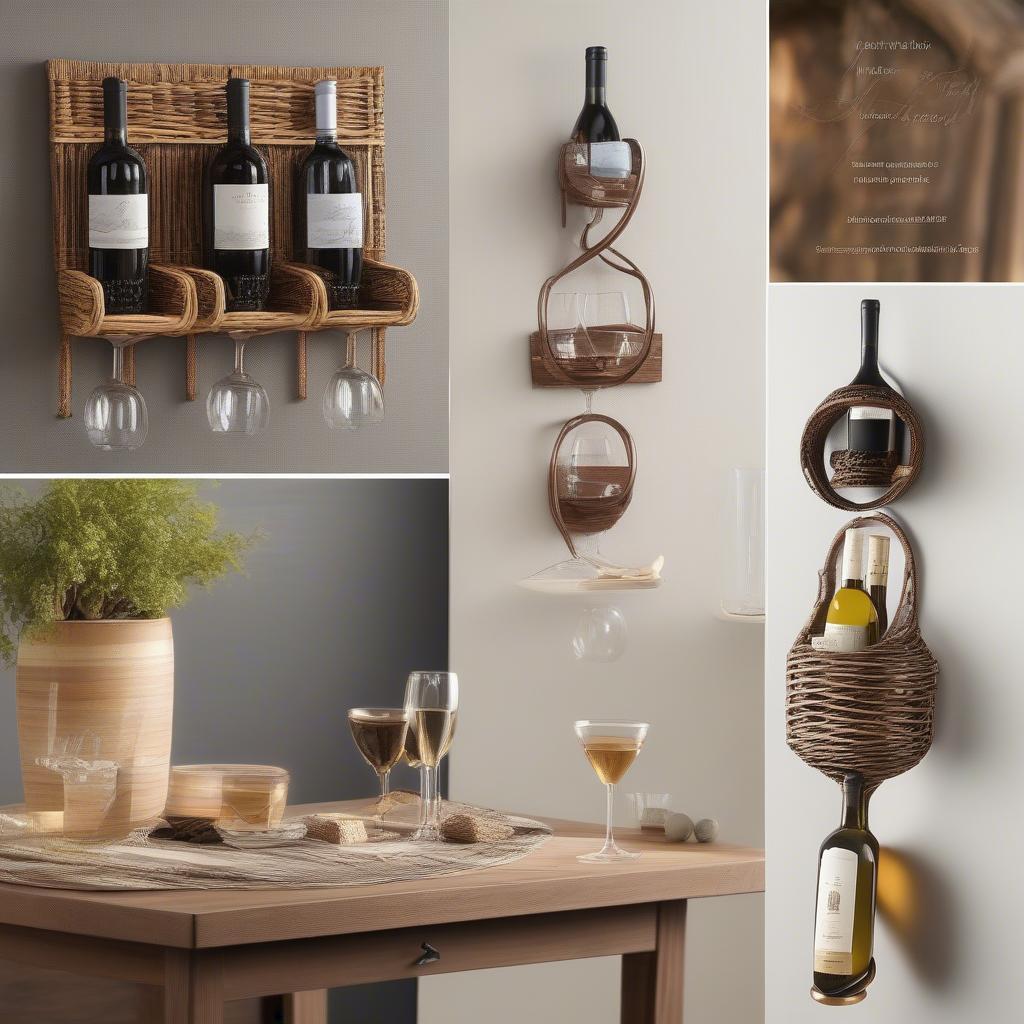 Different styles of wicker wine glass holders, including wall-mounted, countertop, and hanging options, showcasing their versatility and design variations.