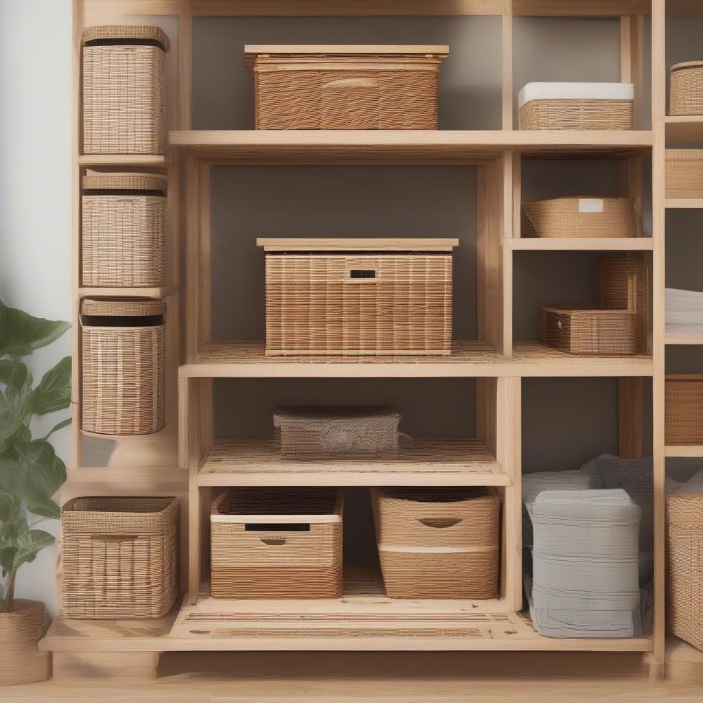 Various wood and wicker storage solutions displayed on Amazon's website, offering diverse options for home organization.